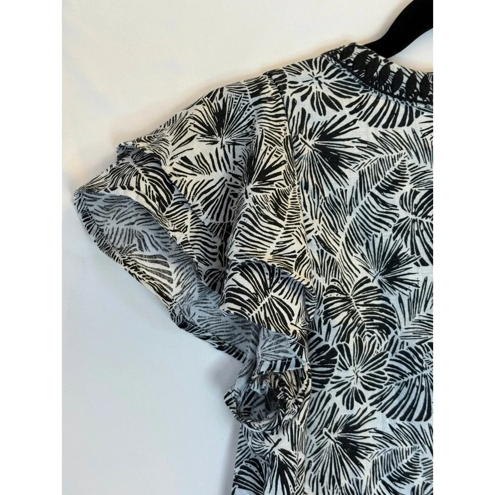 Vineyard Vines Linen Dress XS Embroidered Black White Palm Print Pom Pom Boho